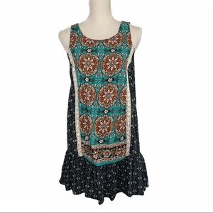CUmgee Floral Boho Crochet Lace hi-lo Ruffle Dress Size S mix media